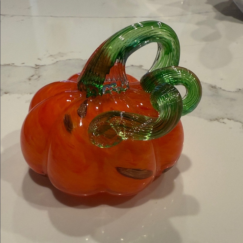 Vibrant Glass Pumpkin Sculpture - Orange and Green